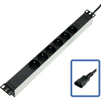 Black and silver 19" Lanview power strip with six sockets, mounted brackets, and a black power cord with plug.