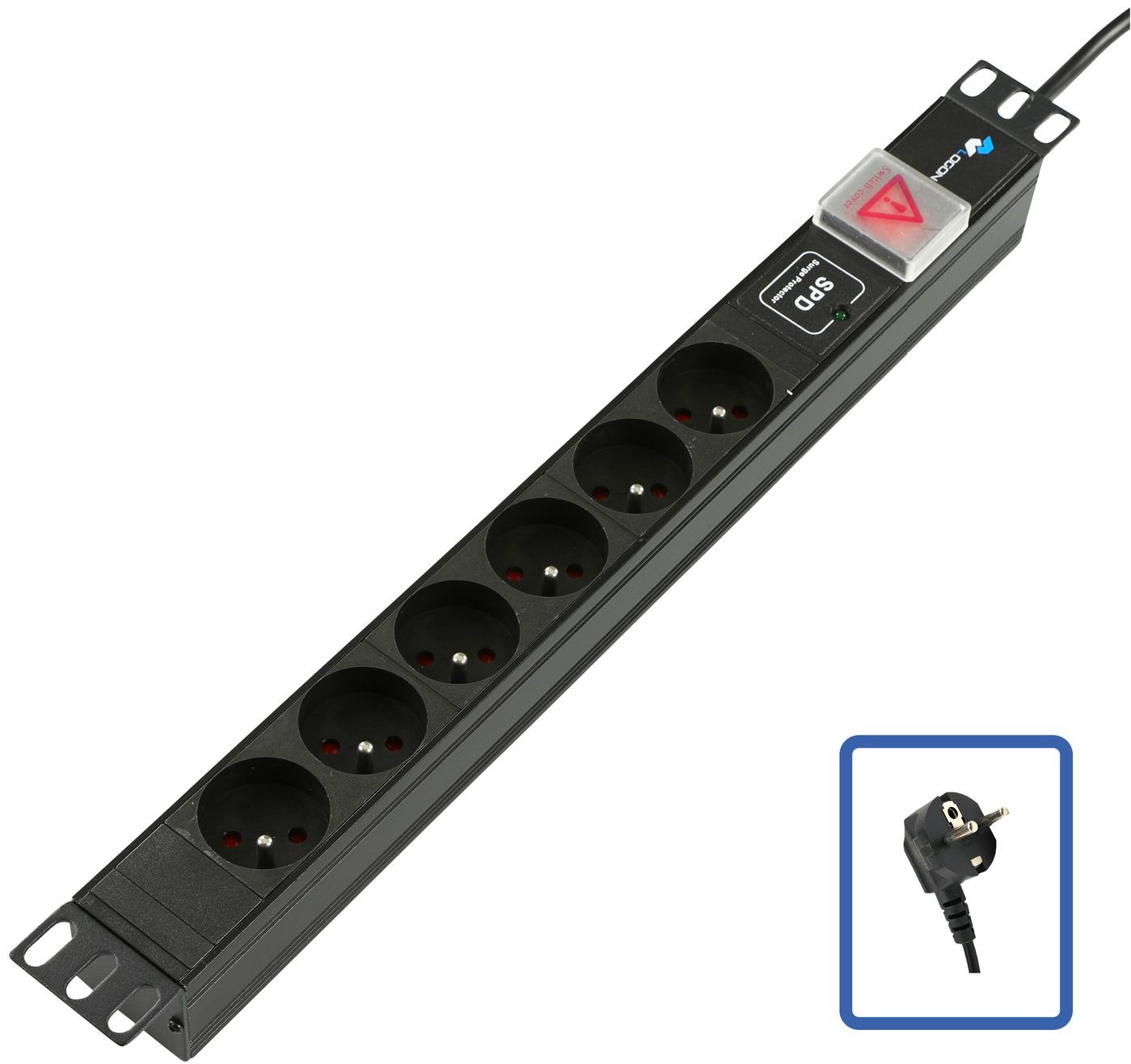 Black 1U power strip with six outlets, a red power switch, and a cable, designed for rack mounting, featuring a sturdy metal construction.