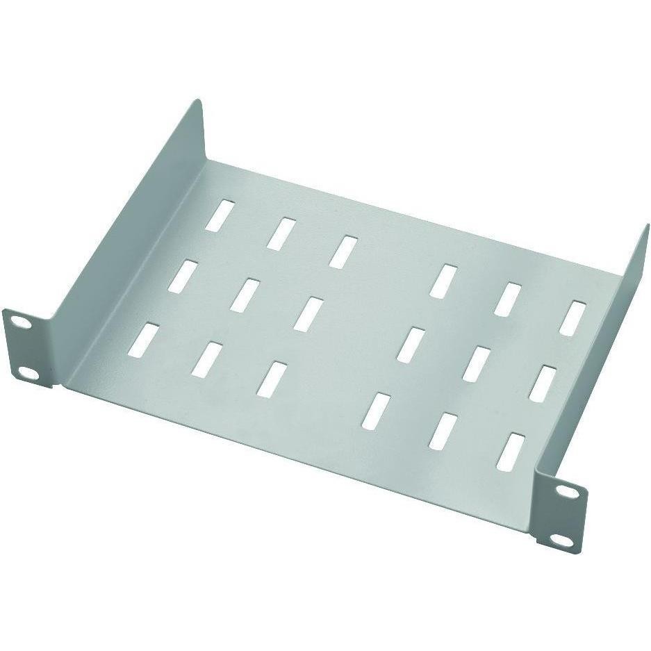 Silver metal rack shelf with ventilation slots, featuring raised edges and mounting brackets for secure installation in a standard rack.