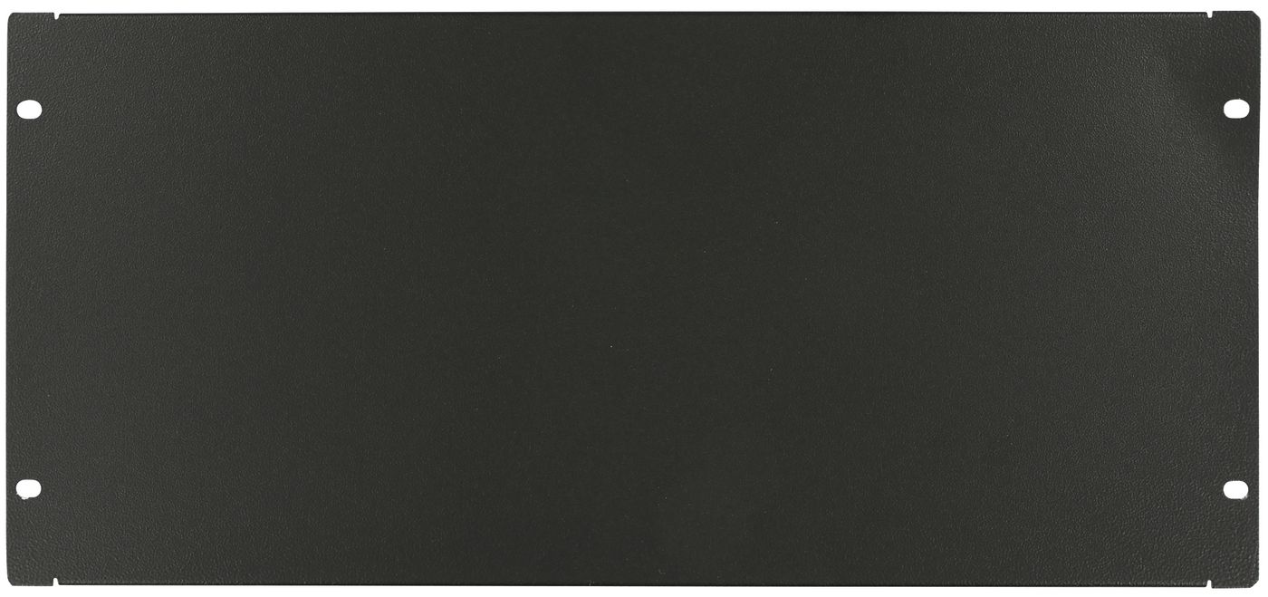 Black metal rack accessory with a flat surface and six mounting holes, designed for use in standard 19-inch racks.