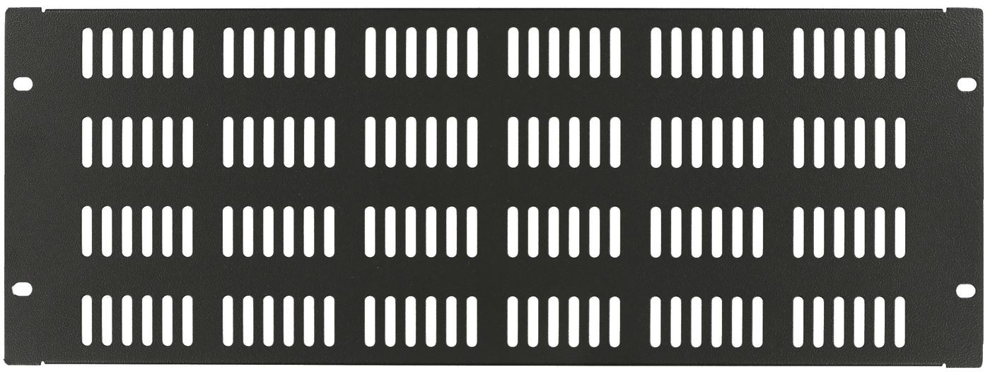 Black metal rack accessory with multiple vertical and horizontal ventilation slots, designed for efficient airflow and equipment mounting.