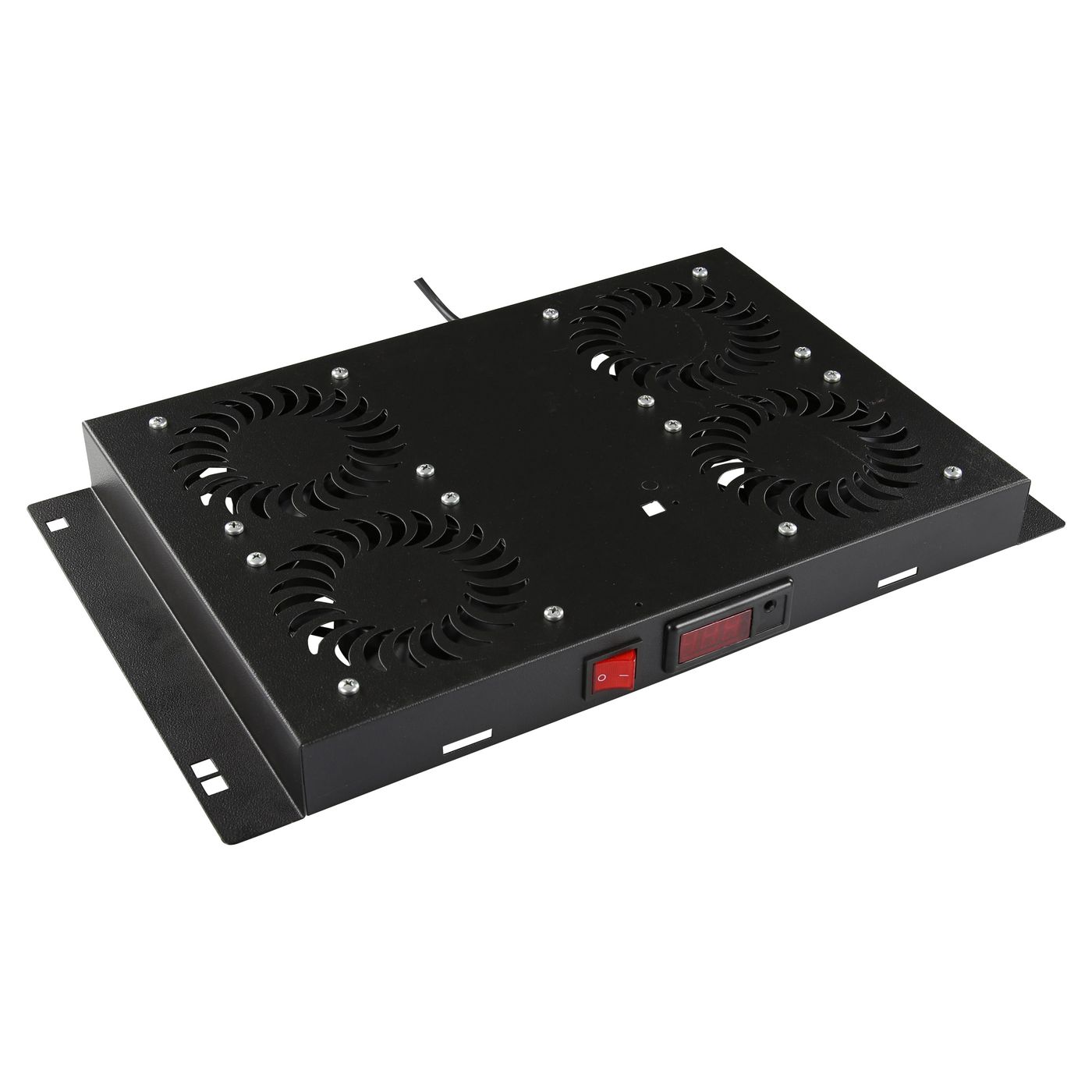 Black metal rack accessory with four cooling fans, a power switch, and a digital display, designed for efficient airflow in equipment racks.