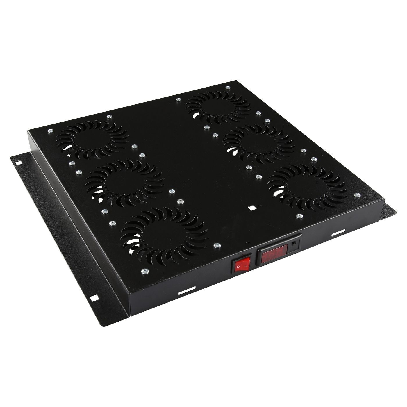 Black metal rack accessory with six cooling fans, power switch, and digital display, designed for efficient heat management in server racks.