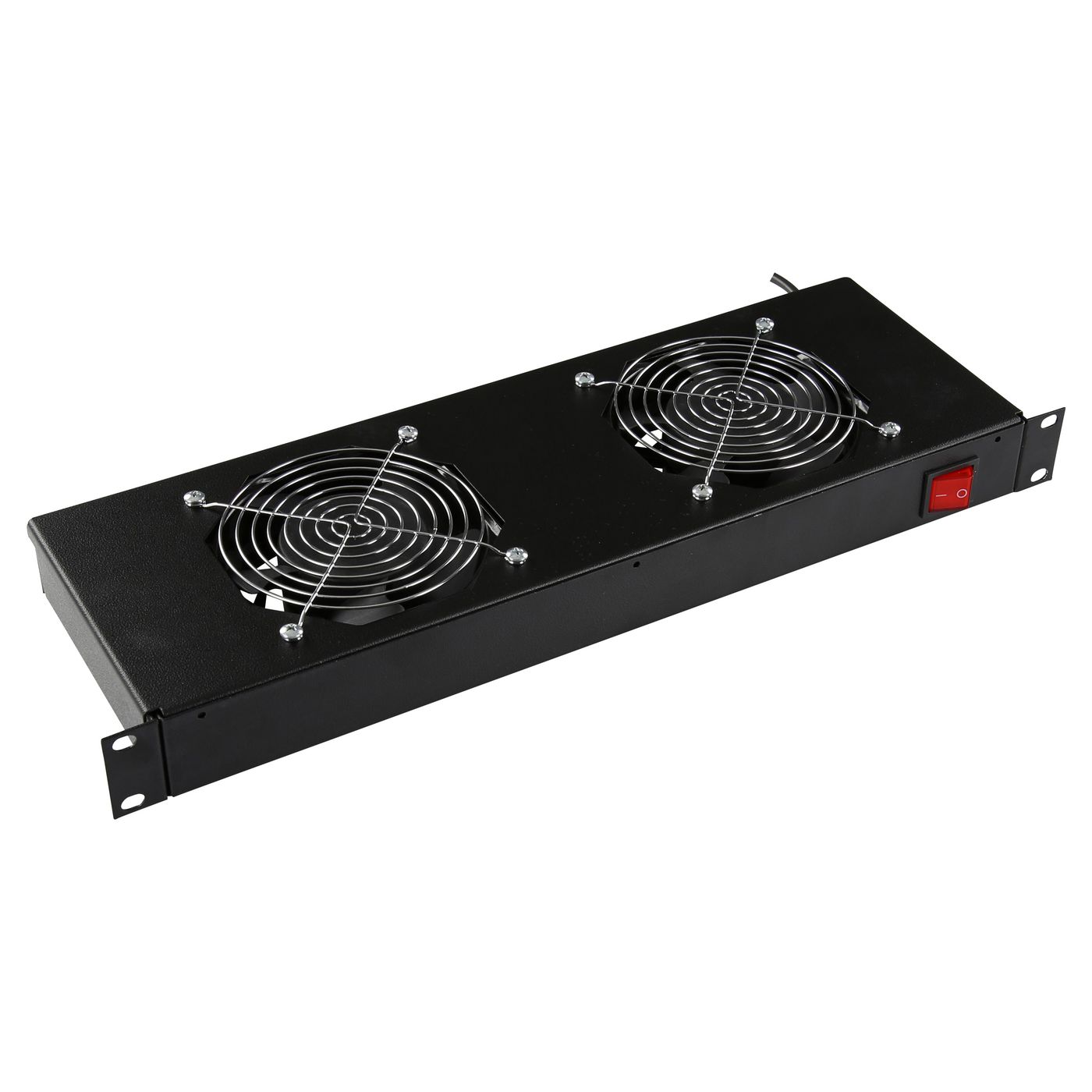 Black metal rack accessory featuring two cooling fans with metal grilles and a power switch, designed for efficient airflow in server racks.