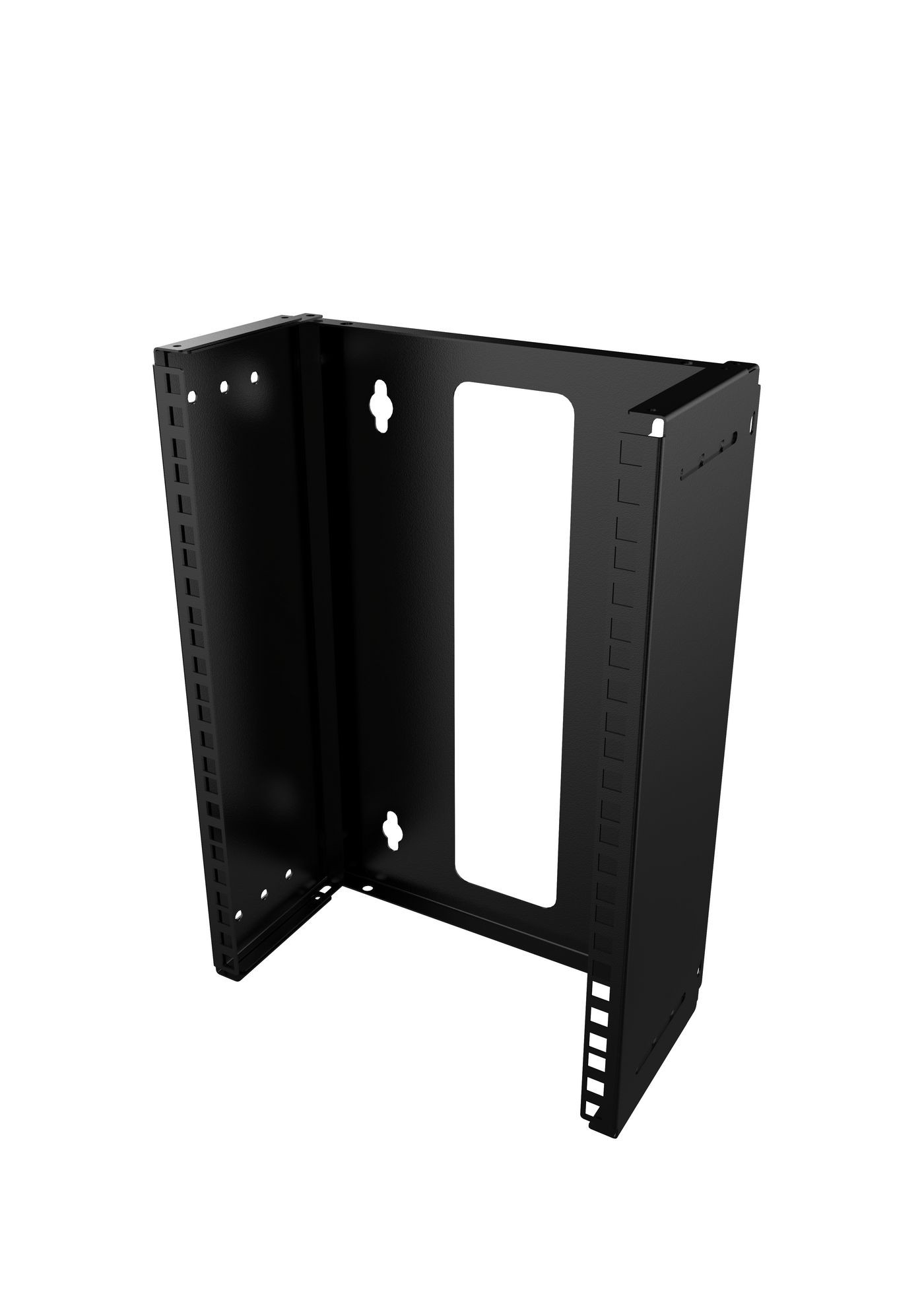 Black 8U rack cabinet by Lanview, featuring a sturdy metal construction with vented sides and mounting holes for secure installation of equipment.