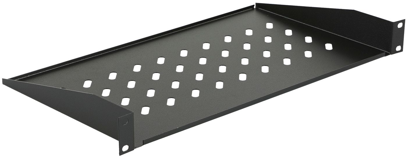 Black metal rack accessory with perforated surface for ventilation, featuring angled edges for stability and compatibility with standard rack systems.