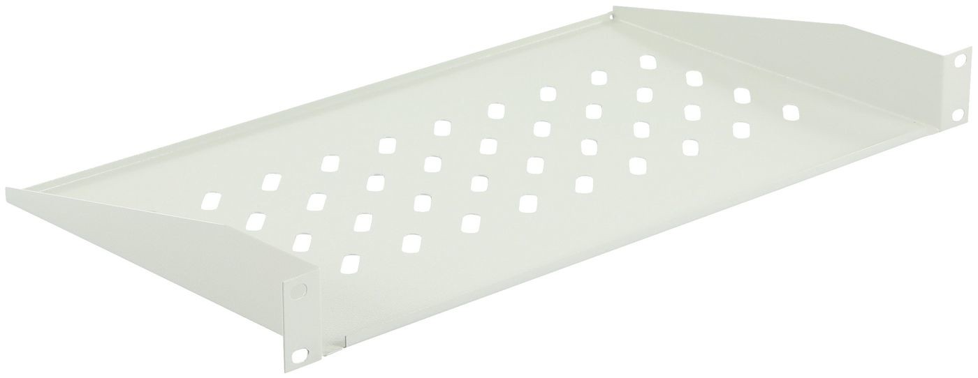 White metal rack accessory with a perforated surface for ventilation, featuring angled edges and mounting holes on each side for easy installation.