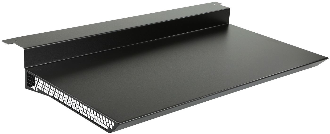 Black metal rack accessory with a flat surface and a rear lip, featuring a ventilated mesh section on one side for airflow.