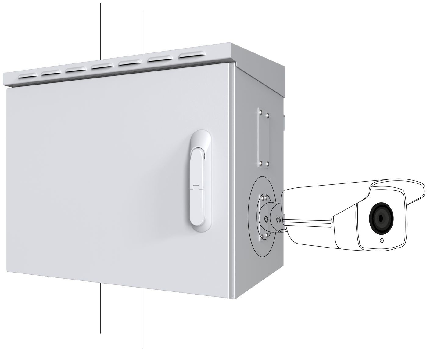 White 0U rack cabinet by Lanview, featuring a sleek design, ventilation slots on top, a handle on the side, and a mounted security camera on the front.