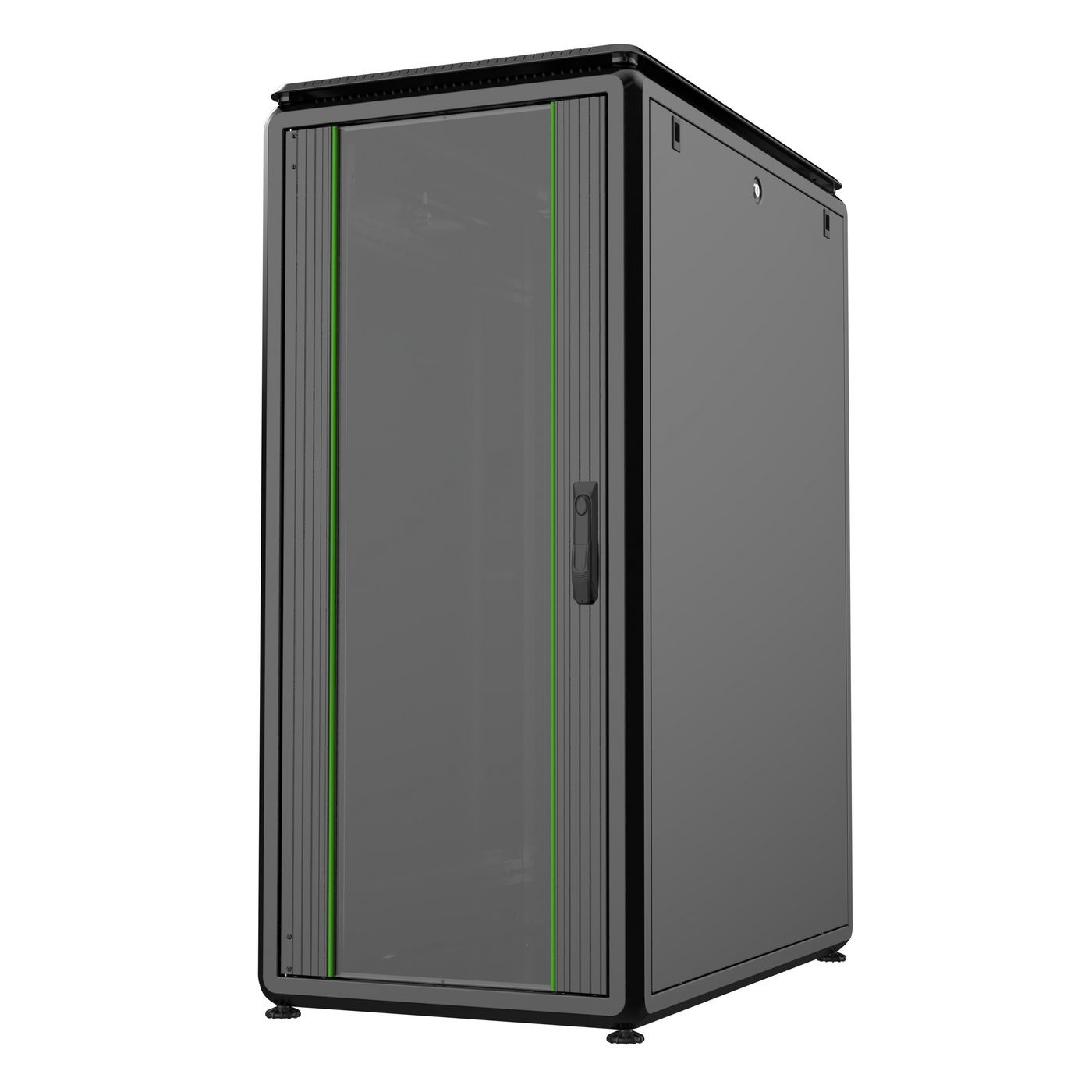 Black 26U rack cabinet with a glass front door, featuring green accents, sturdy metal construction, and adjustable feet for stability.