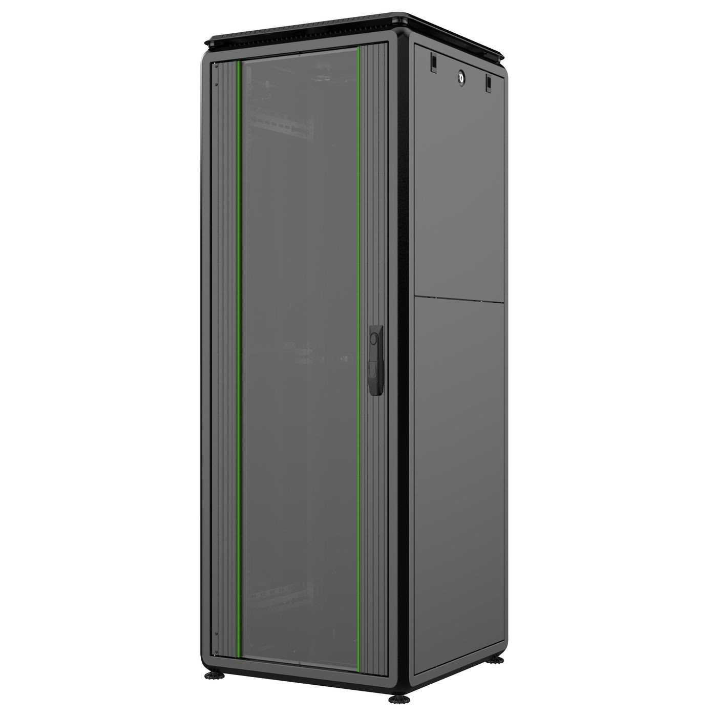 Black 32U rack cabinet with a glass front door, ventilation slots on top, and a sleek design, featuring a sturdy metal frame and adjustable feet for stability.