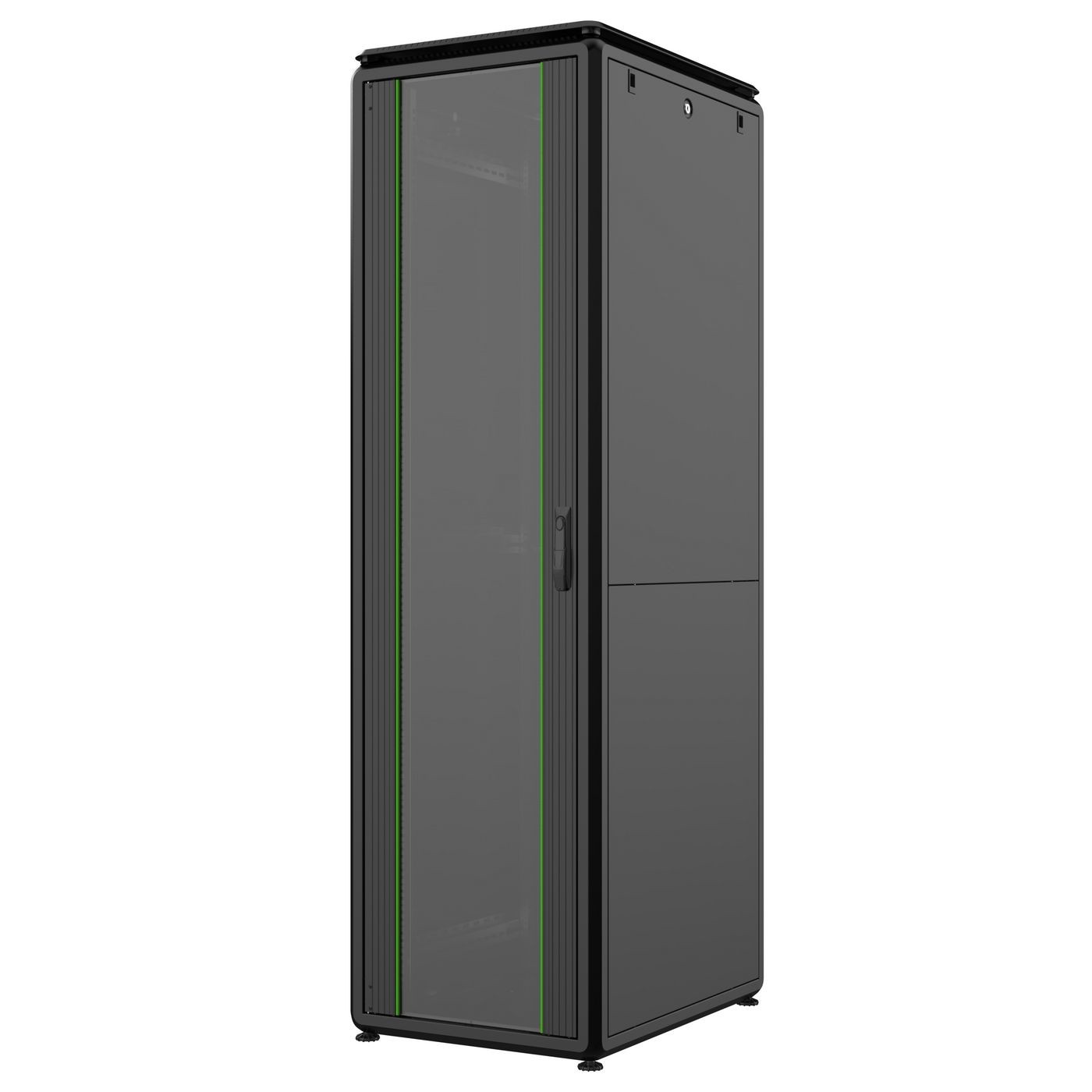 42U black rack cabinet with a glass front door, sturdy metal construction, and ventilation features, designed for secure equipment storage and organization.