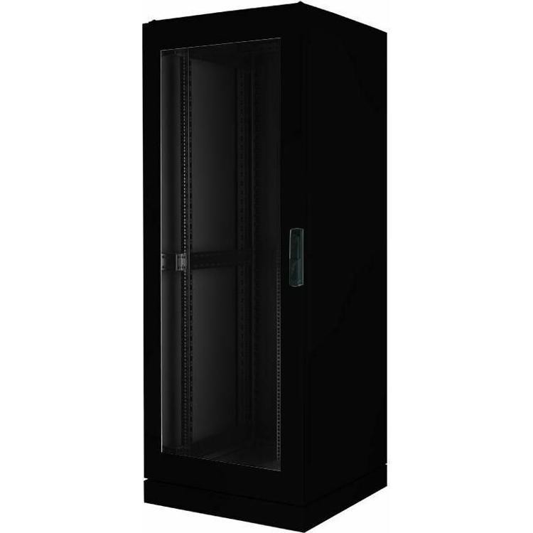 Black 22U rack cabinet with a glass front door, metal frame, and adjustable mounting rails, designed for secure equipment storage and ventilation.