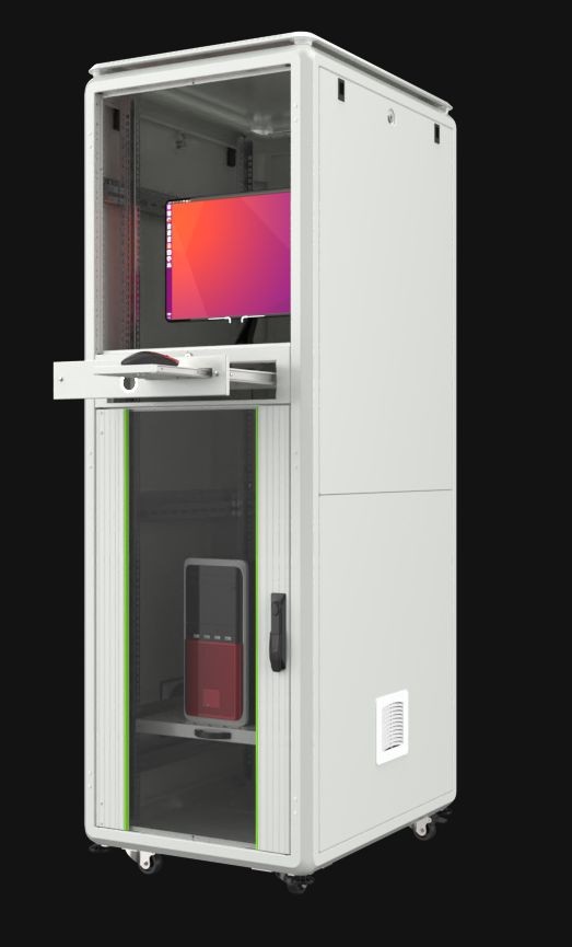 White rack cabinet with a transparent front, featuring a pull-out shelf for a monitor, ventilation at the bottom, and green accents, designed for secure equipment storage.