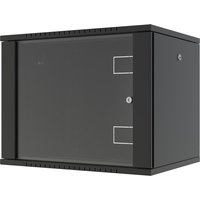 Black Lanview RWF09U45BL 9U wall-mounted rack cabinet with glass front door and secure lock.