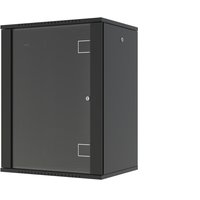Black Lanview RWF16U45BL 16U wall-mounted rack cabinet with glass front door and vented sides.