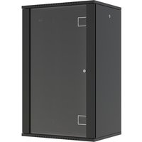 Black Lanview 20U wall-mounted rack cabinet with glass front door and metal frame.