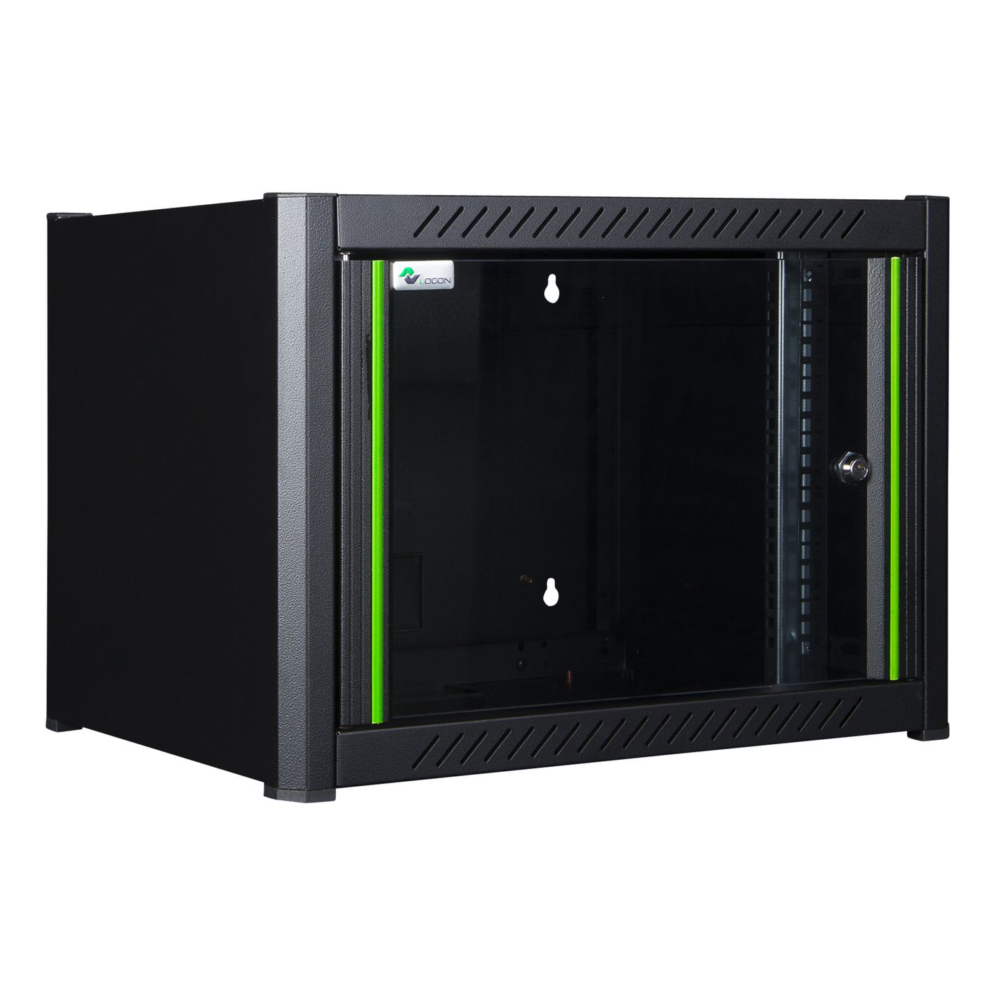 Black 7U wall-mounted rack cabinet with a glass front door, featuring ventilation slots and a sleek design, ideal for organizing equipment in compact spaces.