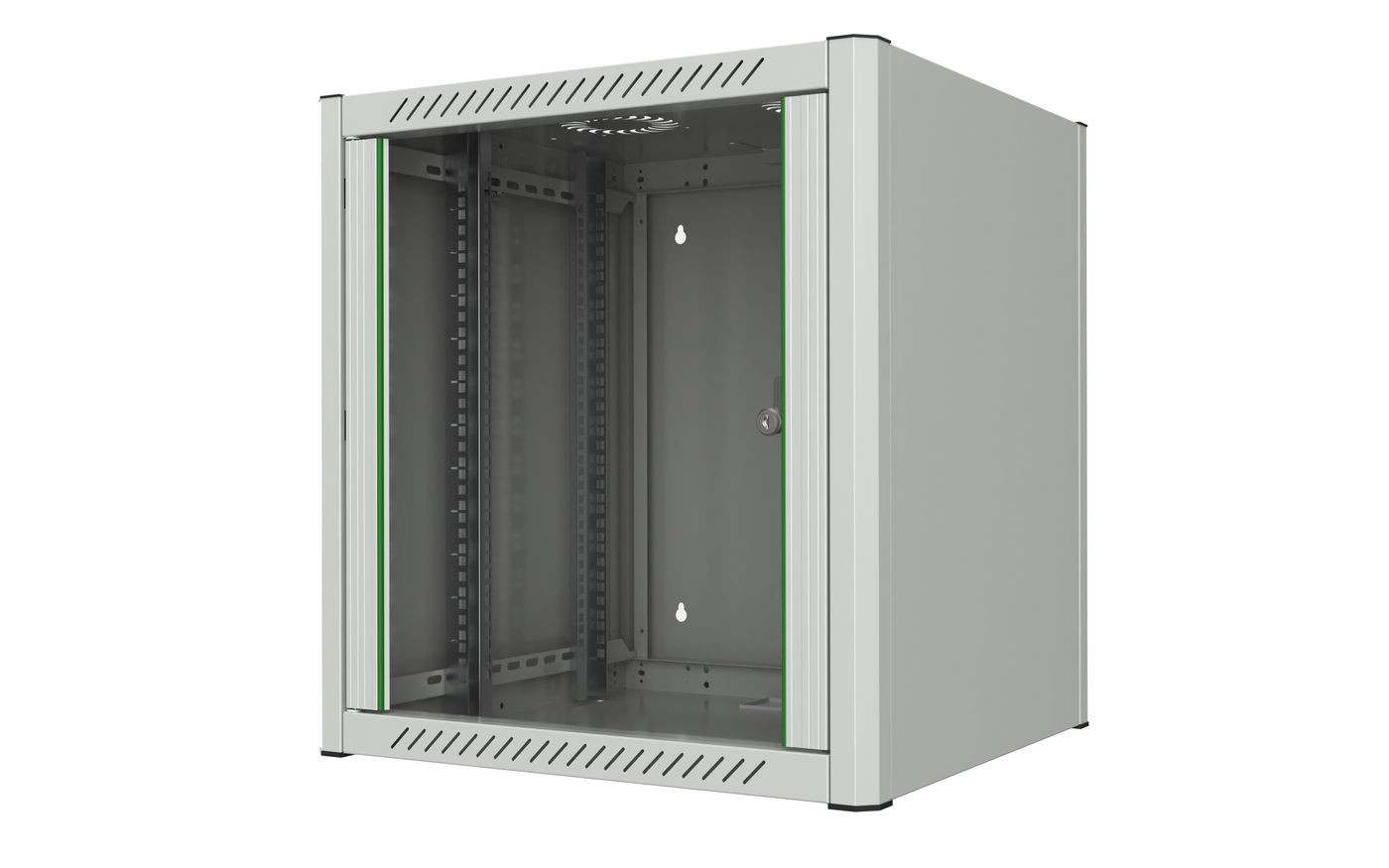 White 12U wall-mounted rack cabinet with a glass front door, steel construction, ventilation slots, and adjustable mounting rails inside.