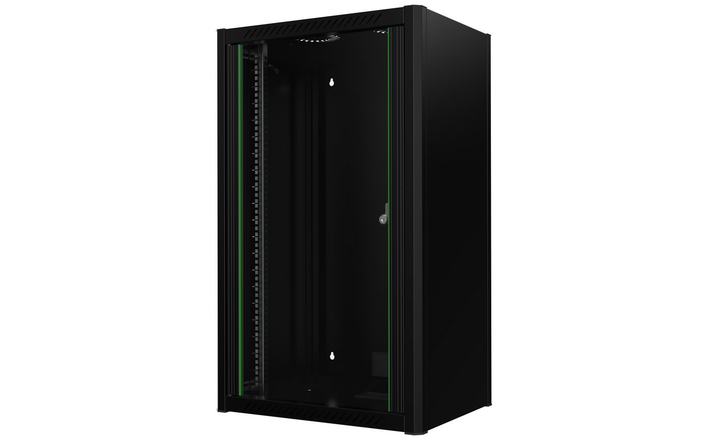 Black 20U wall-mounted rack cabinet with a glass front door, metal construction, ventilation slots, and adjustable mounting rails for secure equipment storage.