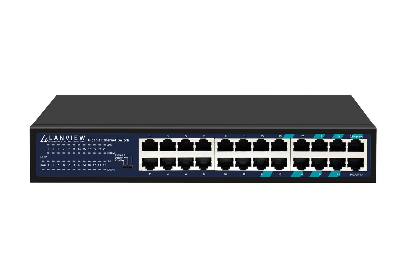Black metal 24-port unmanaged Gigabit Ethernet switch with LED indicators and labeled ports for easy connectivity, featuring a sleek design and compact form factor.