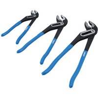 Set of three blue-handled water pump pliers with adjustable jaws and black grips.