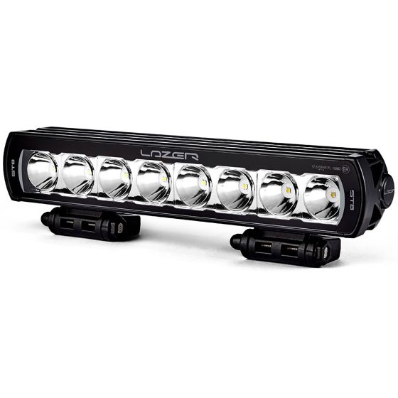 Black aluminum LED light bar with eight circular lenses, featuring a sleek design and ECE approval, mounted on two sturdy brackets for easy installation.