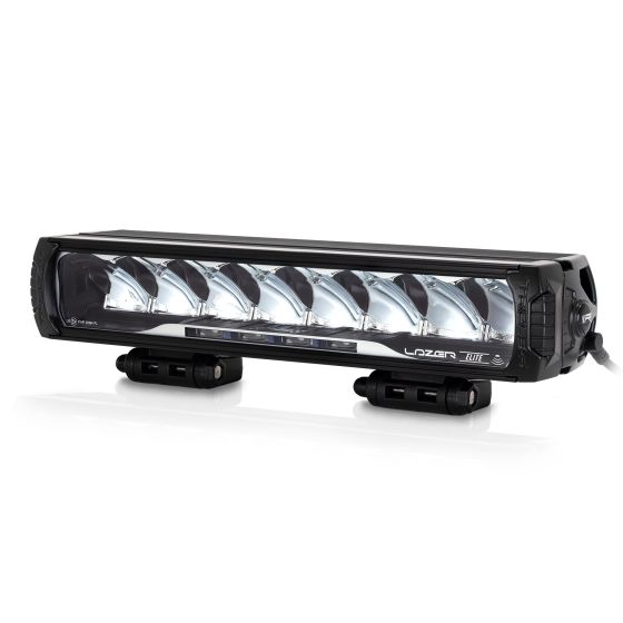 Black aluminum LED light bar with eight lenses, featuring a sleek design and intelligent low beam assist, mounted on adjustable brackets for versatile installation.