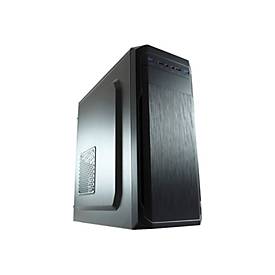 Black MIDI tower case with a brushed metal front panel, featuring a mesh side vent, multiple USB ports, and a sleek, modern design ideal for PC builds.