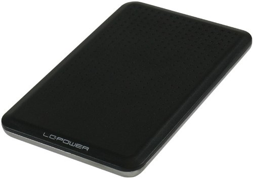 Black 2.5" storage drive enclosure by LC-Power featuring a sleek, matte finish with a textured surface for grip and the brand logo embossed on the bottom corner.