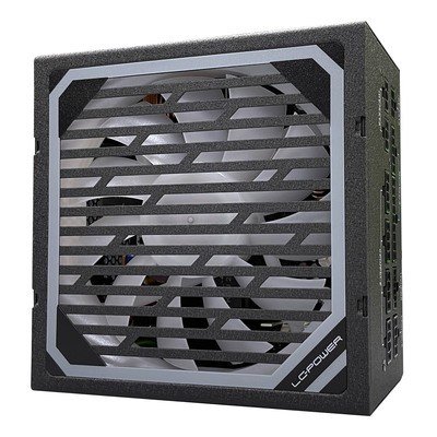 Black power supply unit with a metallic gray fan grill, featuring a 20+4 pin ATX connector, labeled LC-Power LC6750M V3.1, designed for efficient power delivery.