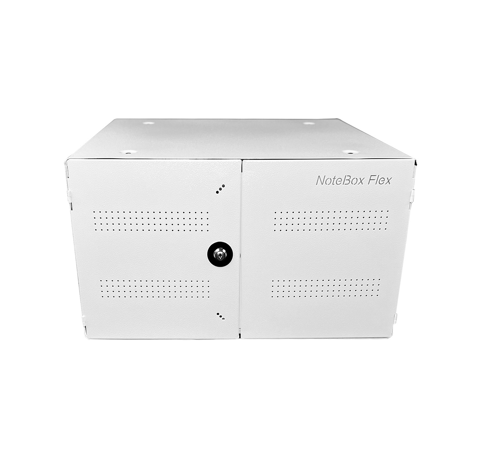 White metal box with two perforated doors, featuring a key lock and USB-C (Schuko Plug) ports, designed for secure storage and power supply with 12 watts available.