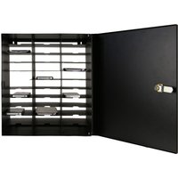Black LEBA NoteBox Phones 32 with open door, multiple slots for phones, and secure lock mechanism.