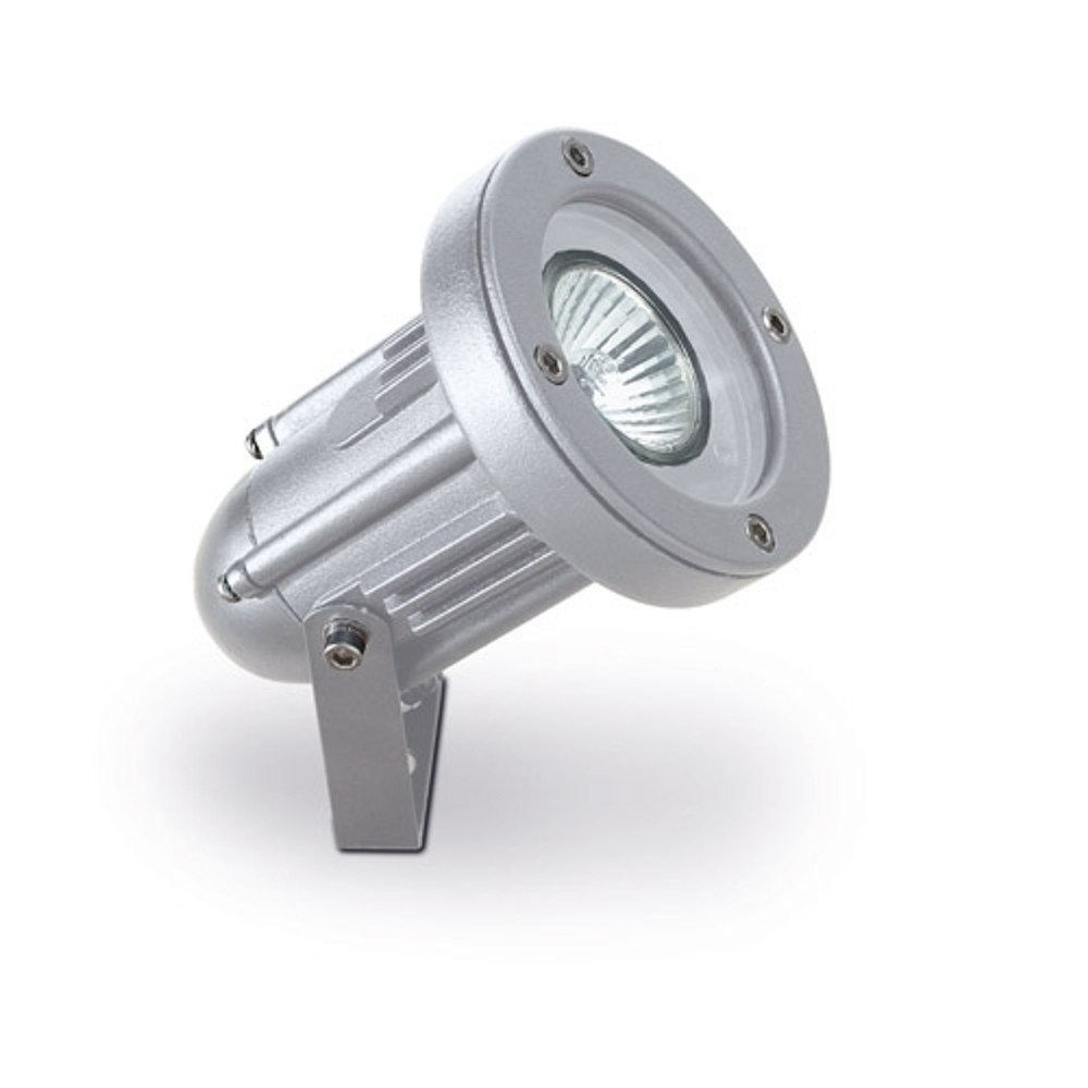 Pivotable outdoor spotlight in grey with a sleek, metallic finish, featuring a round lens and adjustable mounting bracket for versatile lighting options.