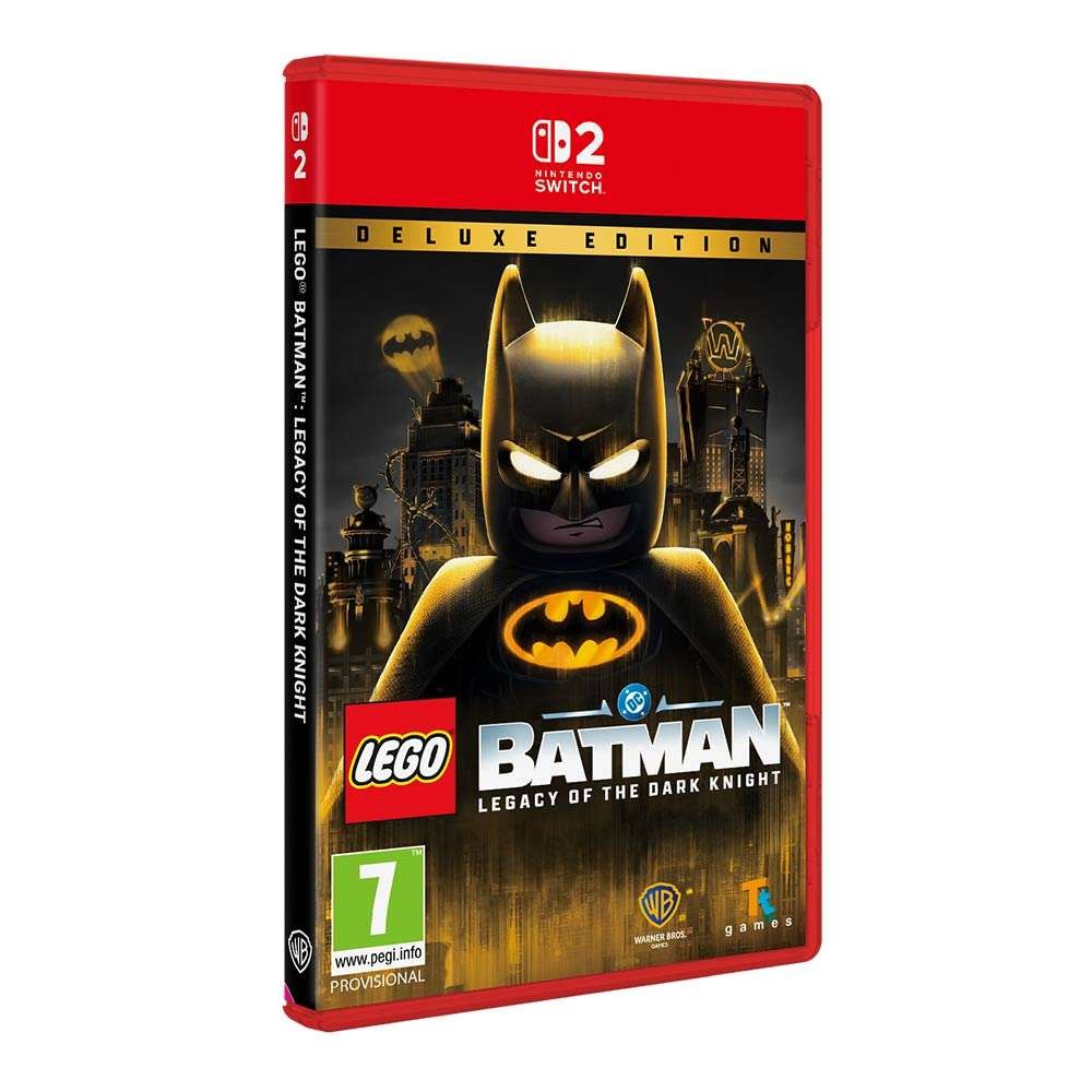 Lego Batman: Legacy of the Dark Knight Deluxe Edition for Switch 2 features a vibrant red case, showcasing Batman in a black suit with a yellow emblem and a dark city skyline background.