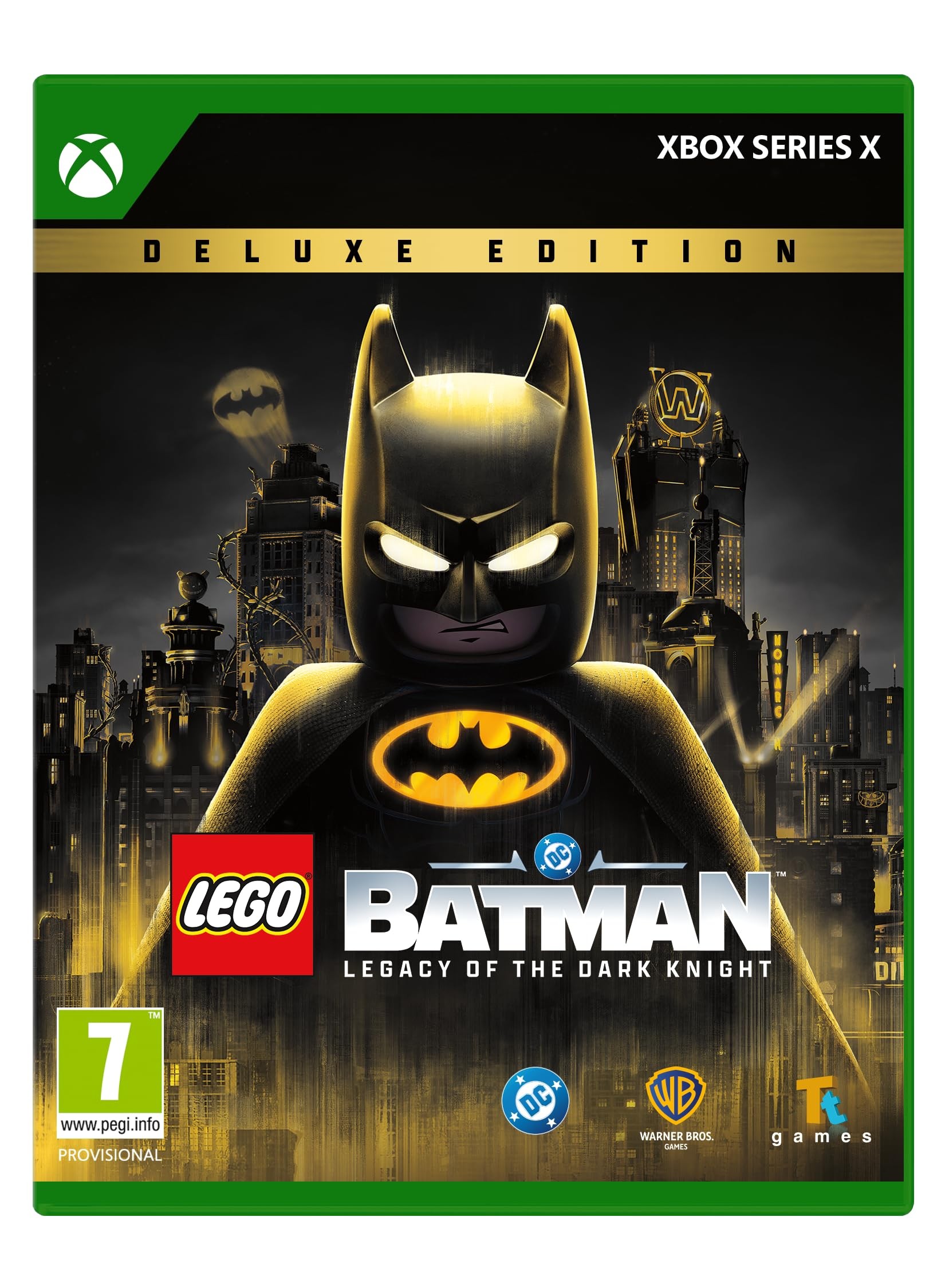 Lego Batman: Legacy of the Dark Knight Deluxe Edition for Xbox Series X features a dark cover with Batman in a glossy black suit, a yellow logo, and a city skyline backdrop.