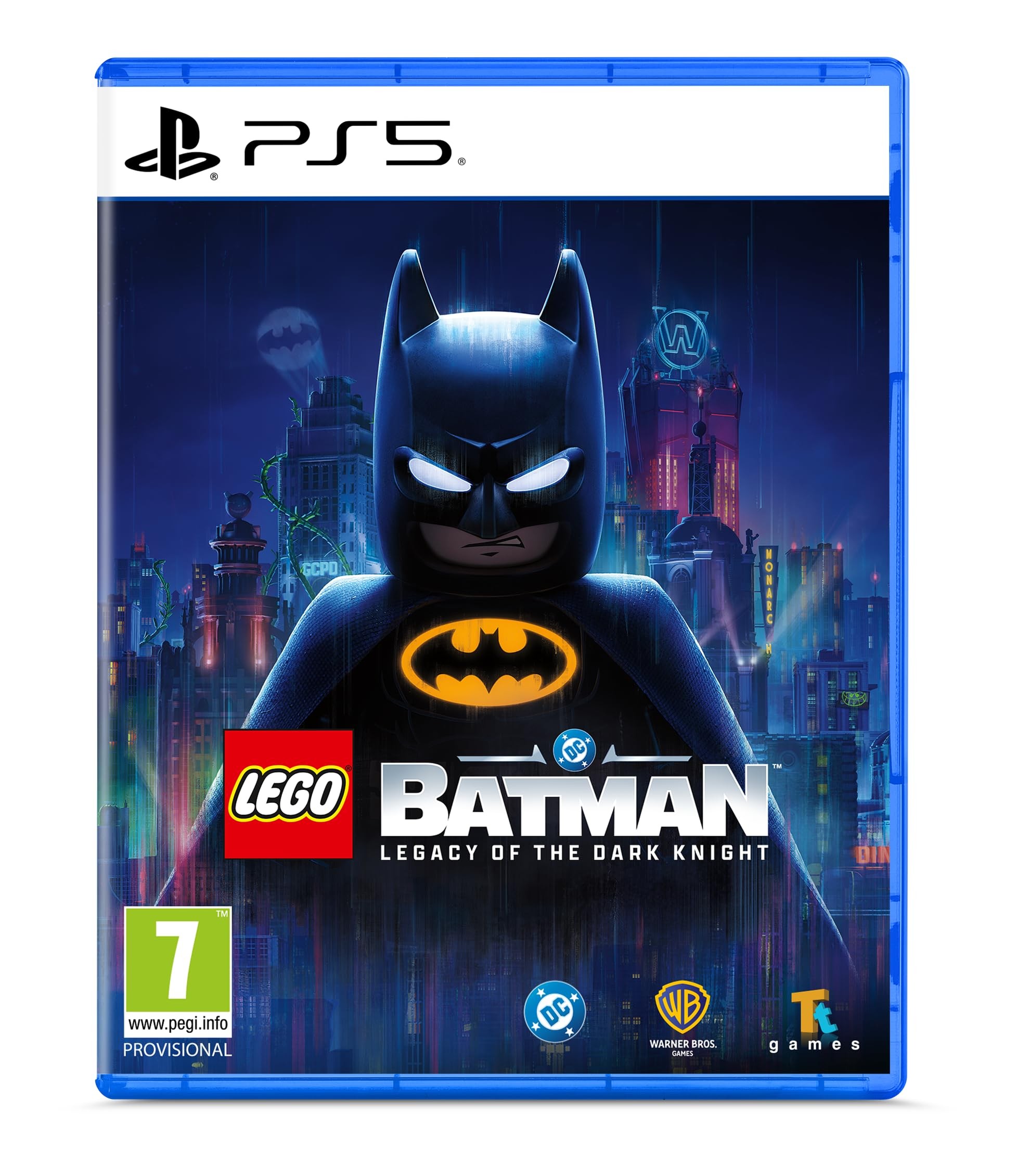 Lego Batman: Legacy of the Dark Knight PS5 game cover features a dark blue case, with Batman's iconic silhouette, a yellow bat symbol, and vibrant cityscape background.