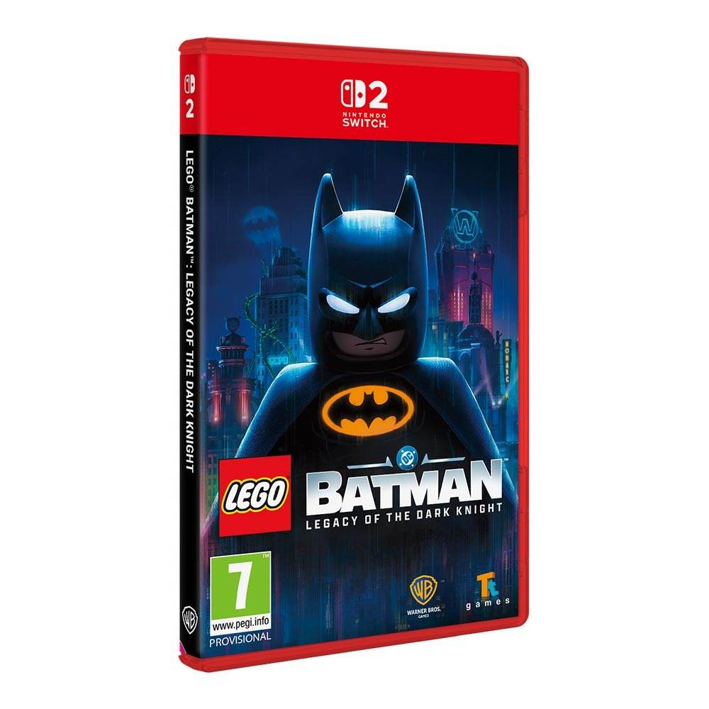 Lego Batman: Legacy of the Dark Knight game cover featuring a dark blue Batman figure with a yellow emblem, set against a vibrant city skyline background.