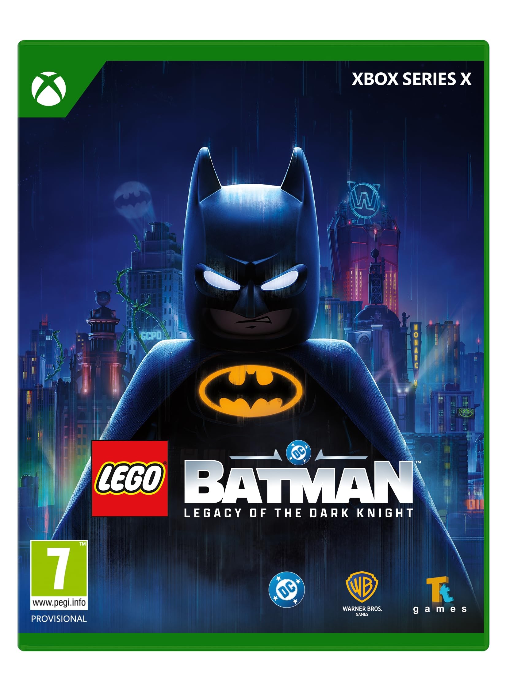 Green Xbox Series X game case featuring a dark blue Batman silhouette against a city skyline, with a prominent yellow Batman logo and "LEGO BATMAN" text at the bottom.
