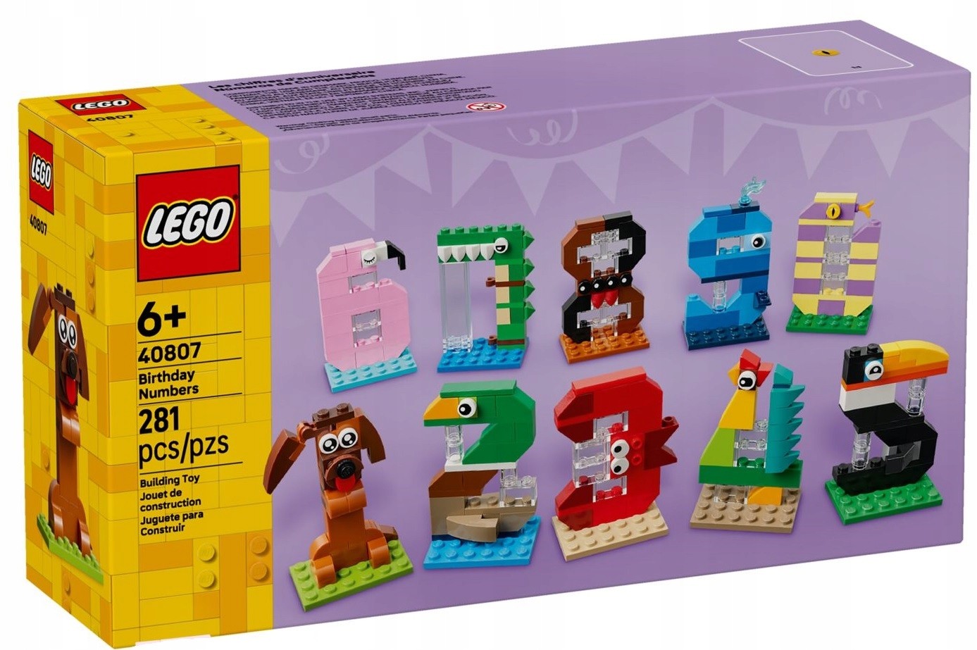 Colorful LEGO set featuring birthday-themed numbers 0-9, with various animal designs including a dog, toucan, and dragon, all made of plastic bricks, totaling 281 pieces.