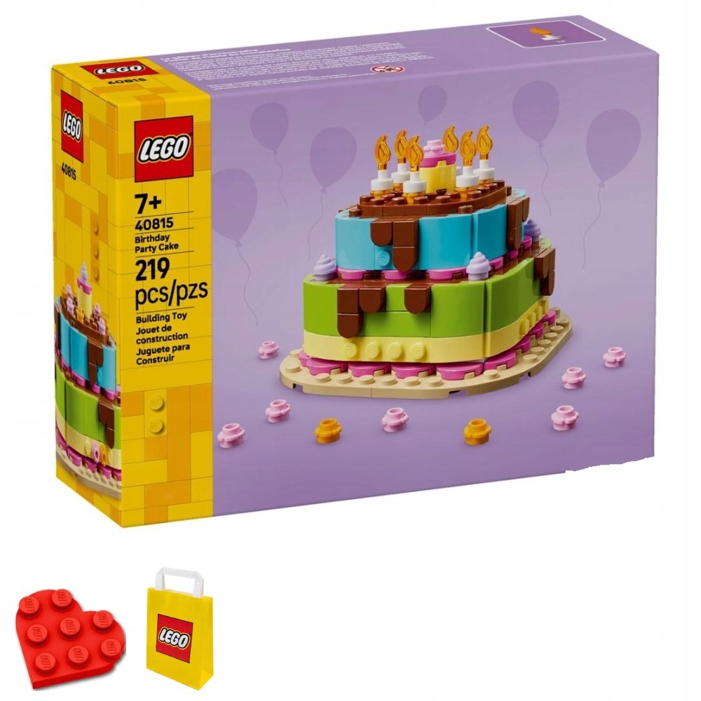 Colorful LEGO birthday cake set featuring stacked layers in green, pink, and blue with chocolate frosting and candles, includes a red LEGO brick and a small gift bag.