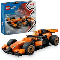 Orange and black LEGO City F1 McLaren race car toy with driver minifigure, includes detailed box packaging.
