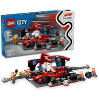 LEGO City F1 Pit Stop set with red Ferrari car, pit crew figures, and detailed pit equipment.