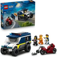 LEGO City Police van with blue and white design, includes motorcycle, two minifigures, and prisoner transport features.