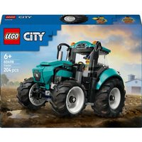 LEGO City Tractor Construction Set 60498, teal tractor with large black tires, cabin, and farm accessories.