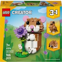LEGO Creator 3 in 1 set with a brown and white hamster holding a purple flower, includes 166 pieces.