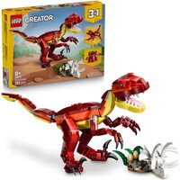 LEGO Creator 3 in 1 red dinosaur toy with claws, teeth, and movable joints, includes small plant and egg accessories.