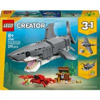 LEGO Creator 3 in 1 set featuring a gray shark with movable fins, a crab, and an underwater scene.