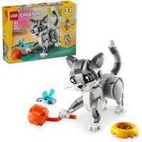 LEGO Creator 3in1 Playful Cat set with gray cat figure, orange yarn ball, blue mouse, and yellow bowl.