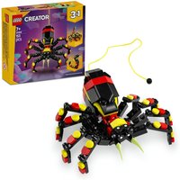 LEGO Creator 3in1 toy spider with black, red, and yellow bricks, featuring jointed legs and a pull string.